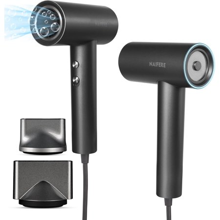 1300W Hair Dryer - High-Speed Negative Ionic Blow Dryer with 2 Magnetic Nozzles, Low Noise Thermo-Control Hair Dryer for Home Travel, Dark Grey