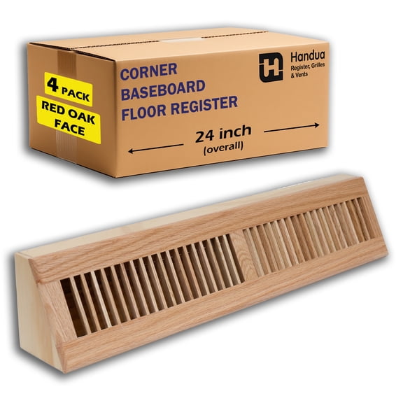 [4 Pack] Fits 24" Baseboard Space | Wooden Corner Baseboard Register | Return Air Grille | 24" External Length Decorative Air Supply Vent Cover | Pre-Finished Natural Red Oak [Face] Diffuser