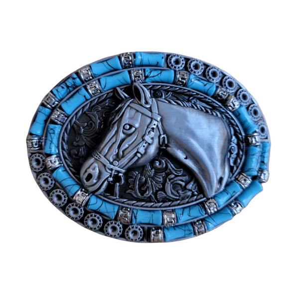 Antique Silver Horse Head Buckle Western Cowboy Turquoise Stone Belt Buckle
