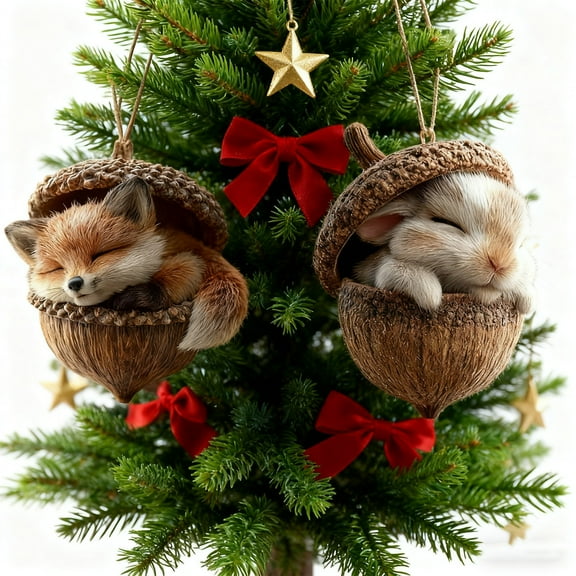 Christmas Acorn Forest Animals Ornaments, 3D Resin Cute Forest Animals Tree Pendant, Hand-Painted Holiday Decoration for Christmas Tree