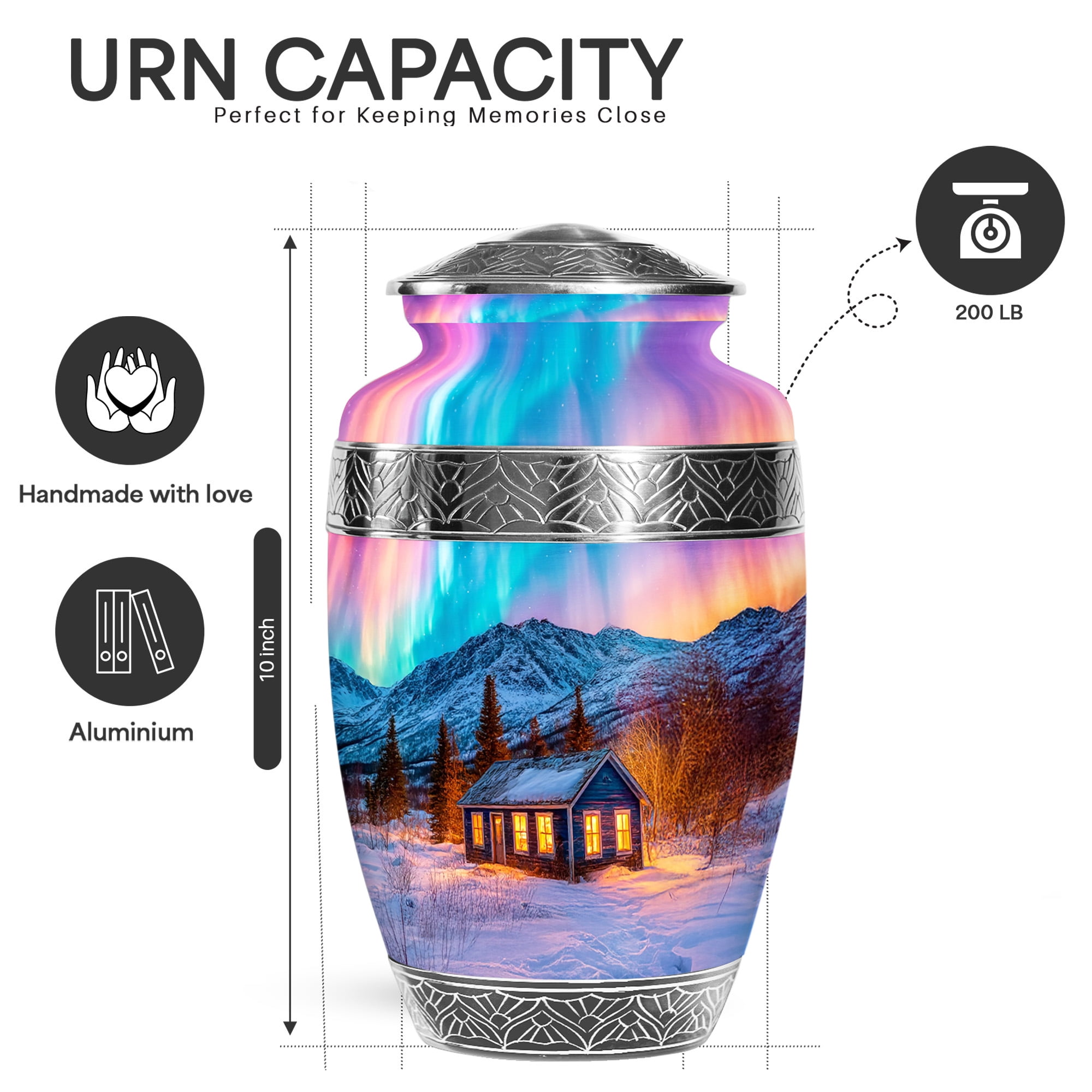 YATSKIA Northern Lights Large Cremation Urns for Human Ashes Adult Mother and Father, Funeral Burial Urn for Adult Ashes, (200 Cubic, Large 10 Inch)