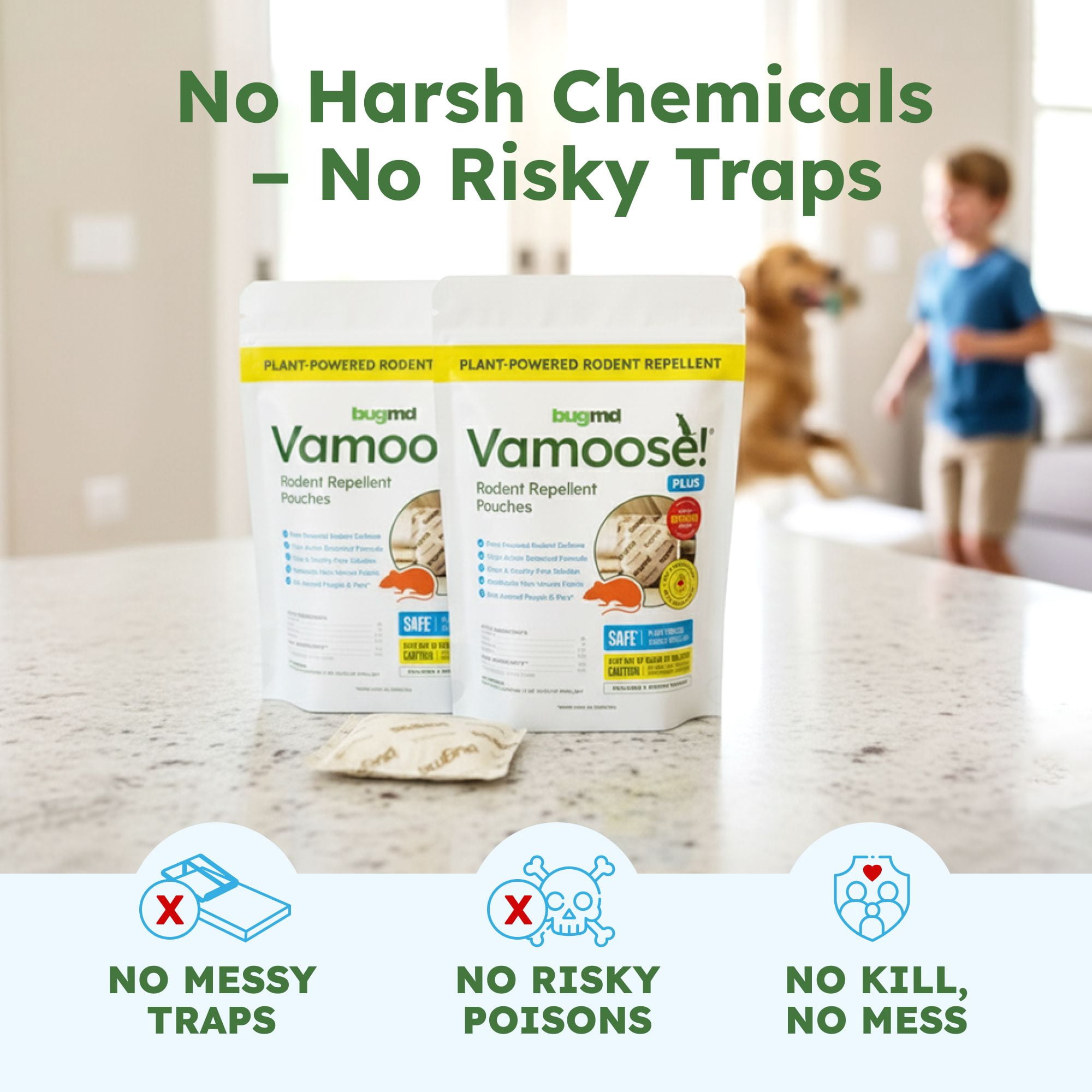 BugMD Vamoose! Plus Peppermint Oil Mouse Repellent Pouches | Natural Mice Repellent Indoor & Rat Deterrent for House, Garage, RV, Car & Storage | Plant-Powered Rodent Control - 1 Pack - 4 Pouches