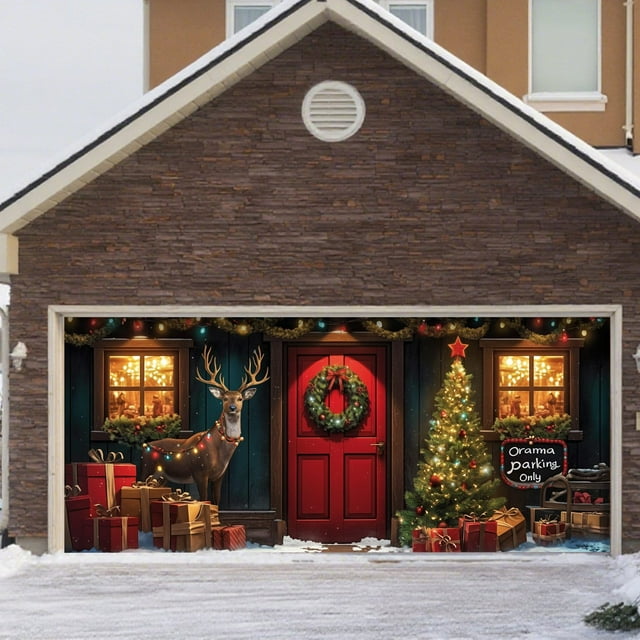 BKRE Large Garage Door Banner Outdoor For Holiday Season Double Xmas Yard Sign With Reinforced Edges