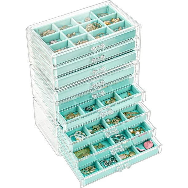Caja Organizador para Joyas Pendiente, Acrílico Bandeja Apilable Joyero Transparente para Arete Pulsera Collar Anillo Colgante Broches Estuche Joyería Cajon Terciopelo -Azul, 6 Capas