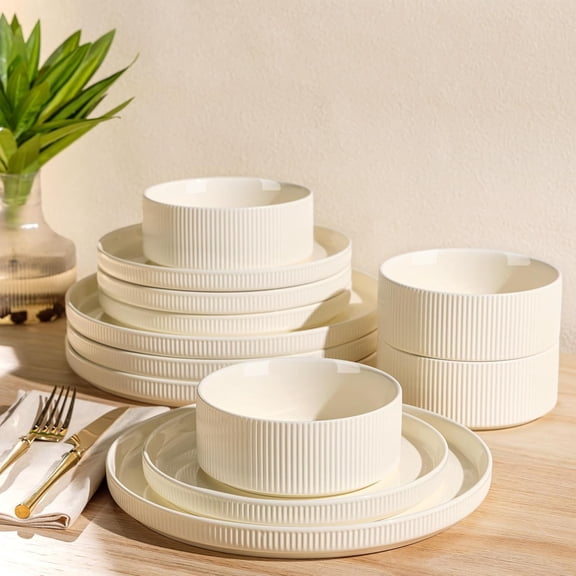 Ceramic Dinnerware Sets for 4, 12 Pieces Porcelain Lightweight Plates and Bowls Sets, Scratch Resistant Dish Set, Oven & Microwave & Dishwasher Safe,