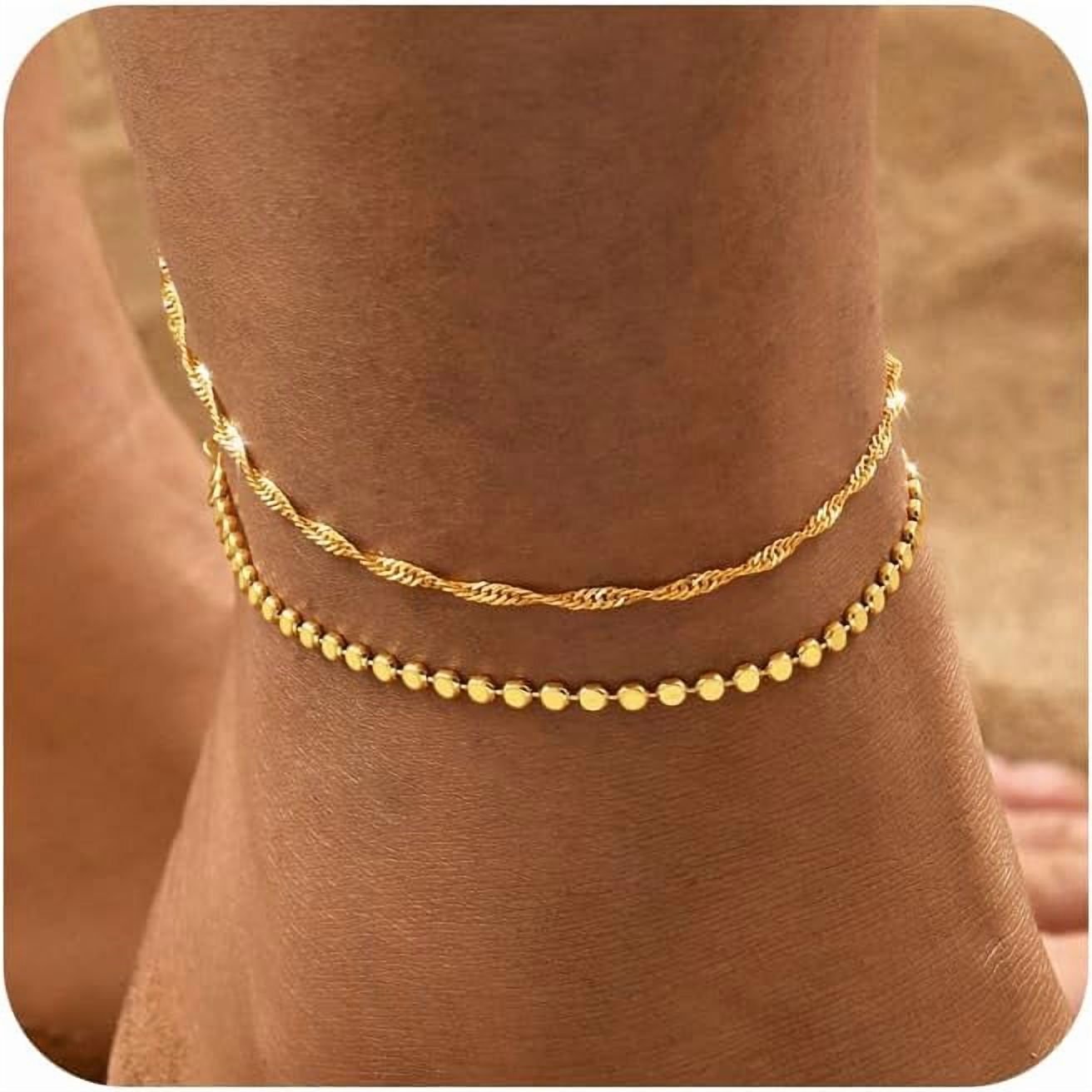 Gold Ankle Bracelets for Women, 14K Waterproof Gold Plated Anklets Set, Layered Gold Ankle Bracelets for Women Jewelry Gift