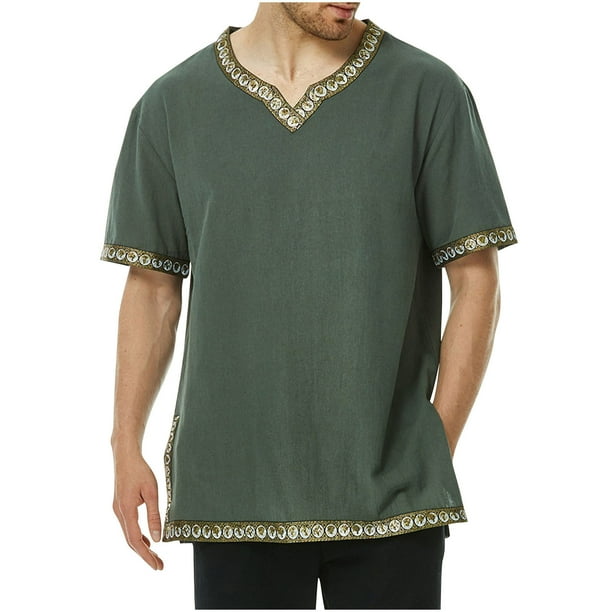 Camisas de Manga Corta de los Hombres Estilo Étnico Impreso Hendidura Cuello en V, Ligero Top Transpirable para la Primavera Y el Verano