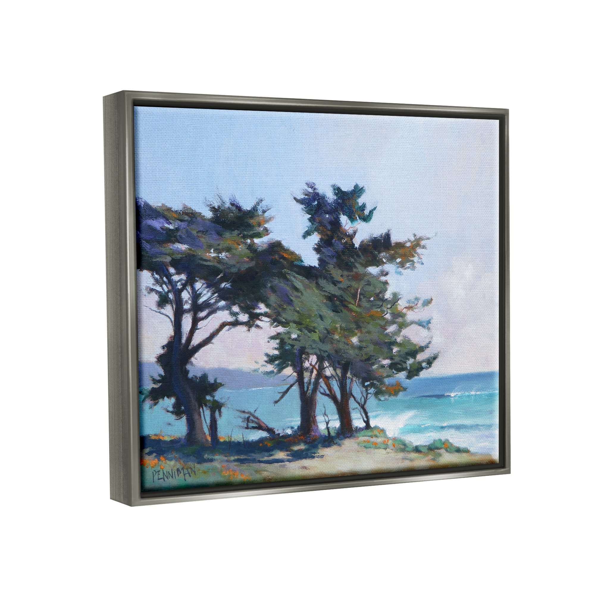 Stupell Coastal Sandy Trees Ocean Waves Landscape Painting Gray Floater Framed Art Print Wall Art