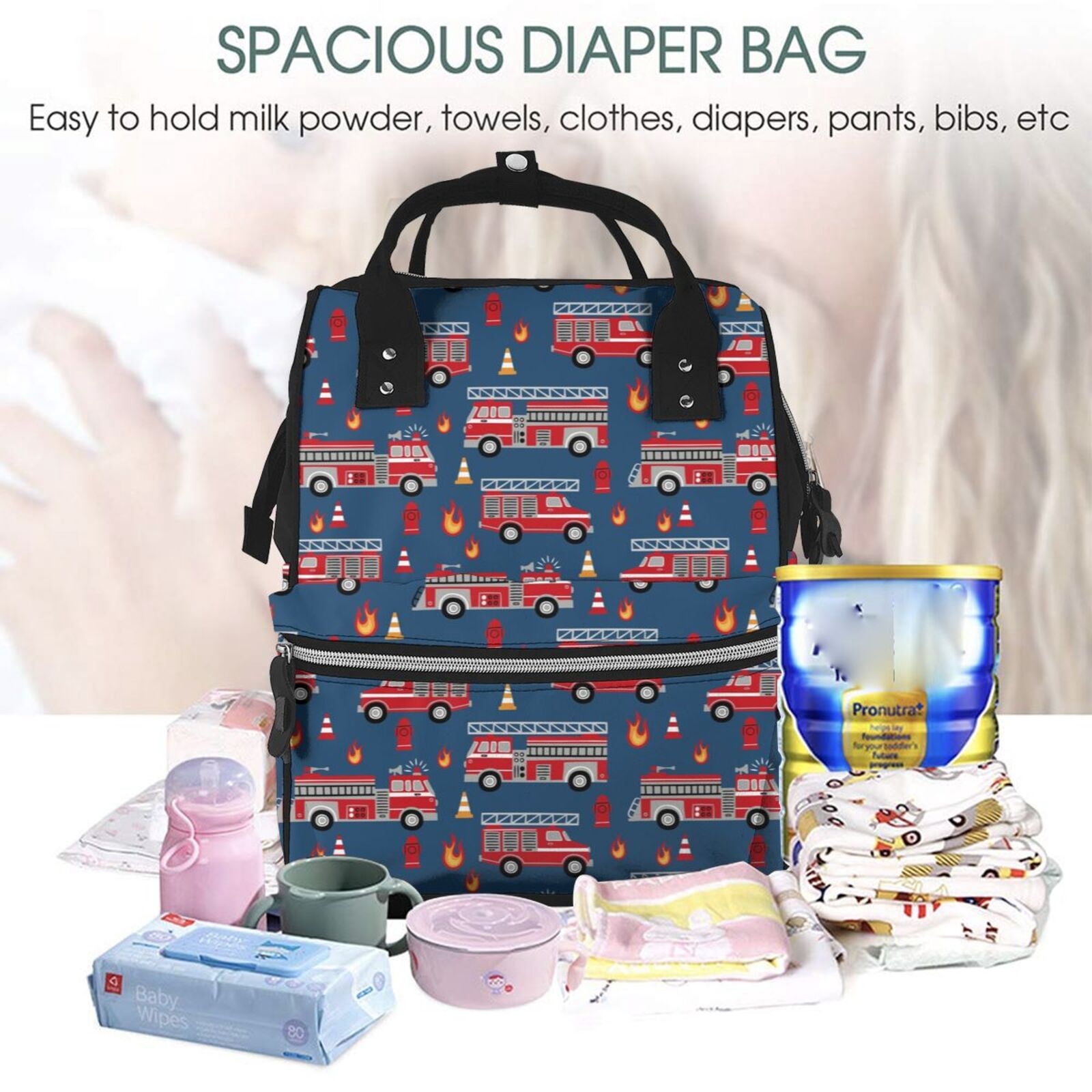 Defioc Fire Truck 1 for Baby Diaper Bag Backpack - Baby Bag for Boys & Girls - Diaper Backpack - Large Travel Diaper Bags- Baby Registry Search & Shower Gifts