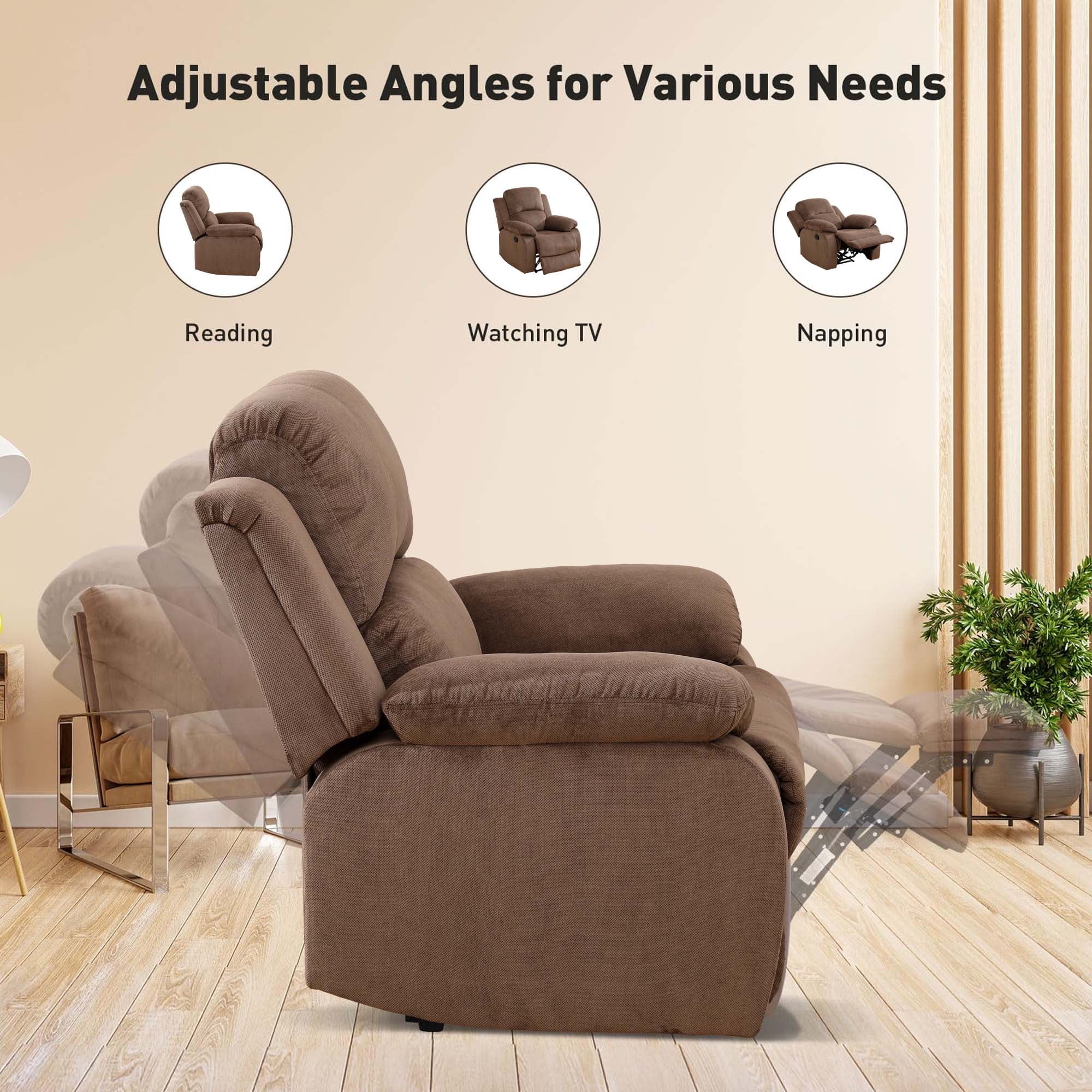 Aukfa Recliner Chair Overstuffed Armchair Single Sofa w/ Lumbar Support for Living Room, Brown