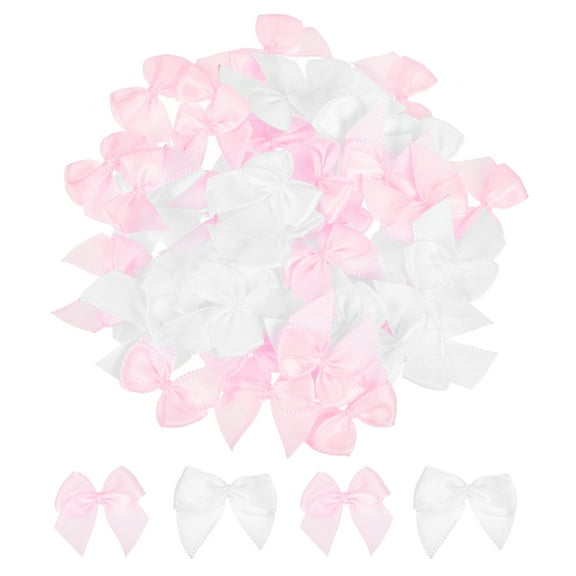 100Pcs Mini Ribbon Bow 1" Mini Fabric Satin Ribbon Flower Bows for Craft DIY Sewing Wedding Birthday Party Pink & White