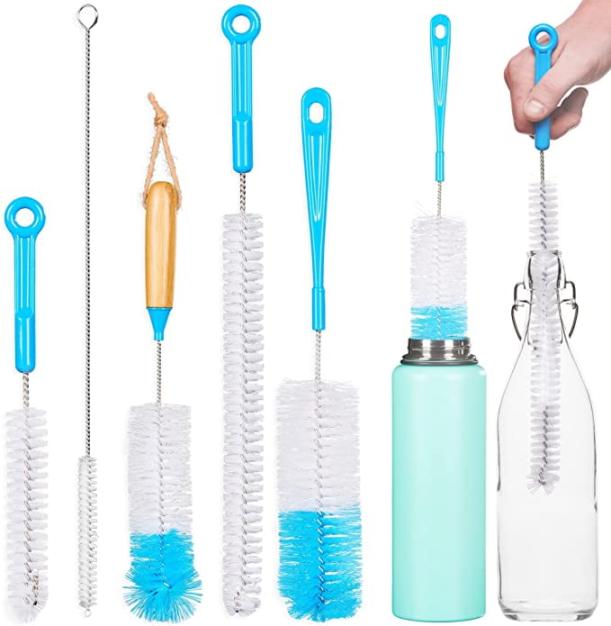 Happon Microfiber Bottle Brush Cleaner Pack Bottle Cleaning Brush Set of 5 Long, Cleaning Brushes for Baby Bottles, Water Bottles, Straws, Tumblers, Wine Decanters and Flask - Kitchen Supplies