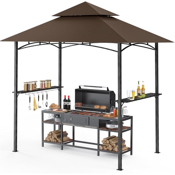 8x5FT Grill Gazebo - Outdoor BBQ Canopy Shelter with 2 Side Shelves & Double-Tiered Top for Patio Backyard Grilling, Brown