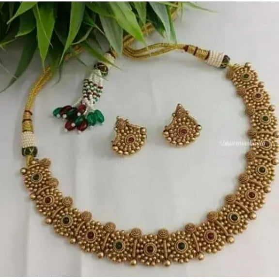 Traditional Gold Plated Beaded Necklace & Earrings Set with Red and Green Stones for Women