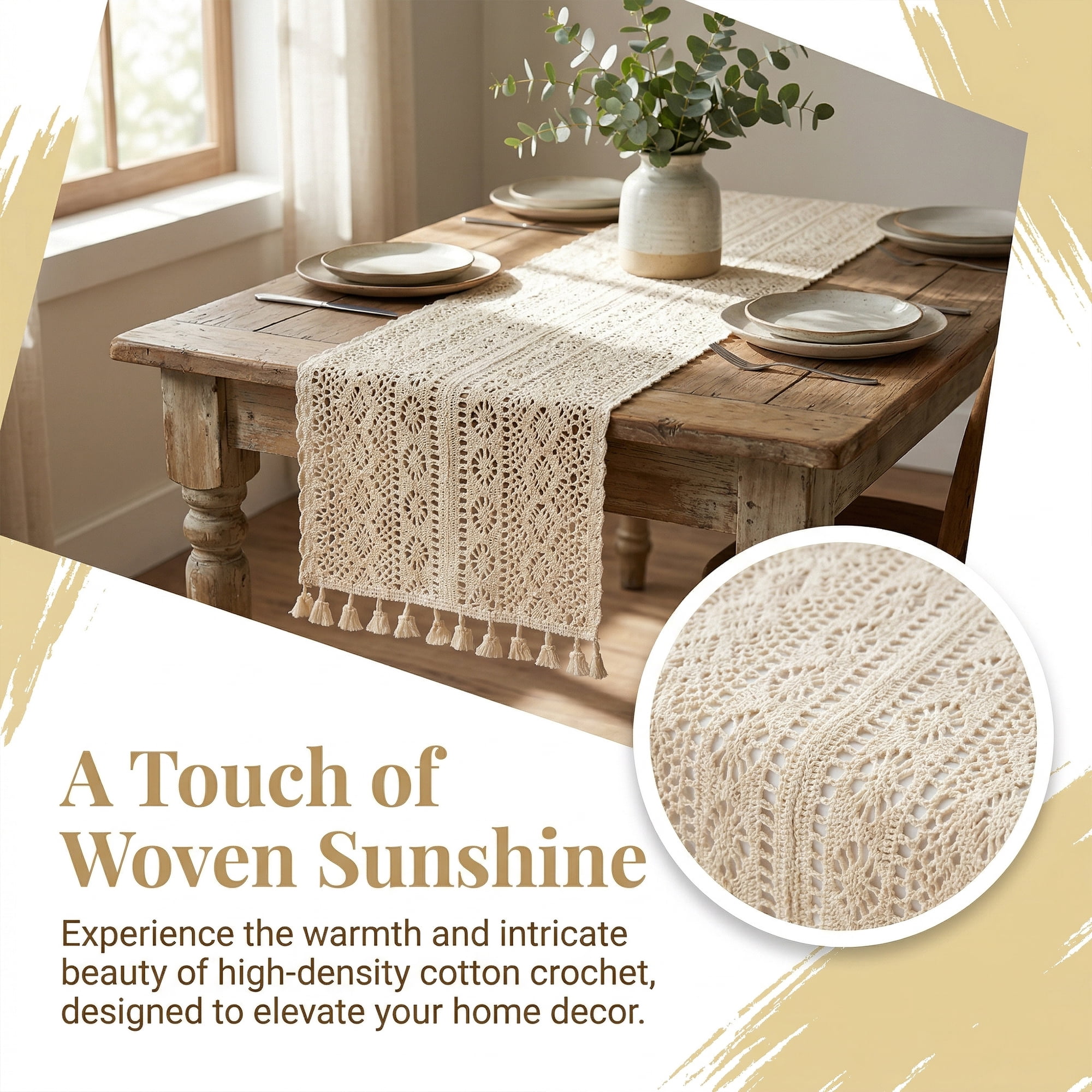 Unique Bargains Long Washable Cotton Kitchen Runner with Tassel Beige 70.9in