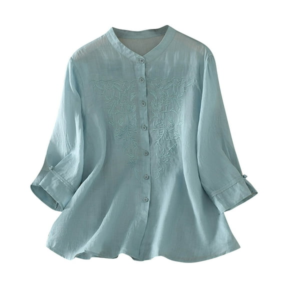 ShiShine Women's 3/4 Length Sleeve Shirt Loose Tshirt Casual Embroidery Blouse Button Down Collar Tops