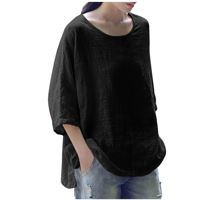 CHOK Soldes d'Hiver! Hauts pour Femmes Grande Taille Manches 3/4 Col Rond Volant Décontracté T-Shirts Amples Unis Été Automne Tunique Basique Chandail Blouses T-Shirts