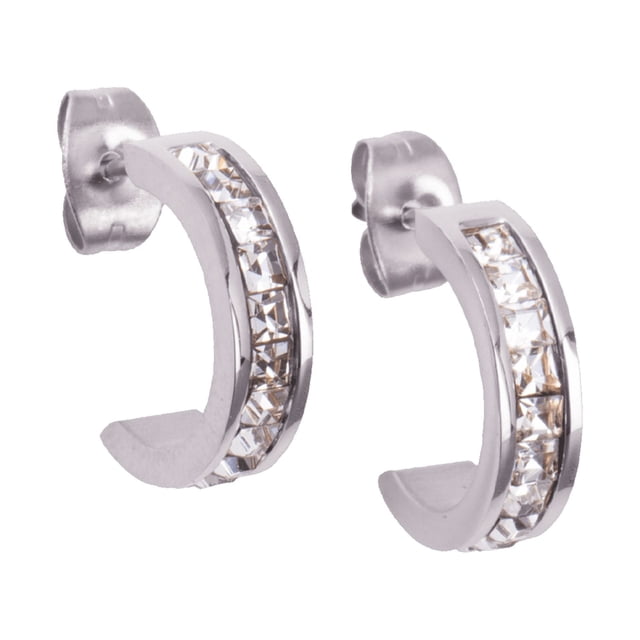 Aretes Mujer con Zirconia Cúbica LuckyLy, Arracadas de Acero Inoxidable de Media Luna, Modelo Dara plateado UNITALLA