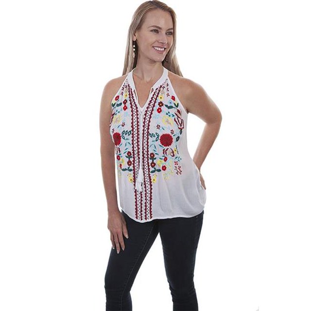 Scully HC455-WHT-S Tie Front Embroidered Ric-Rac Tank, White - Small