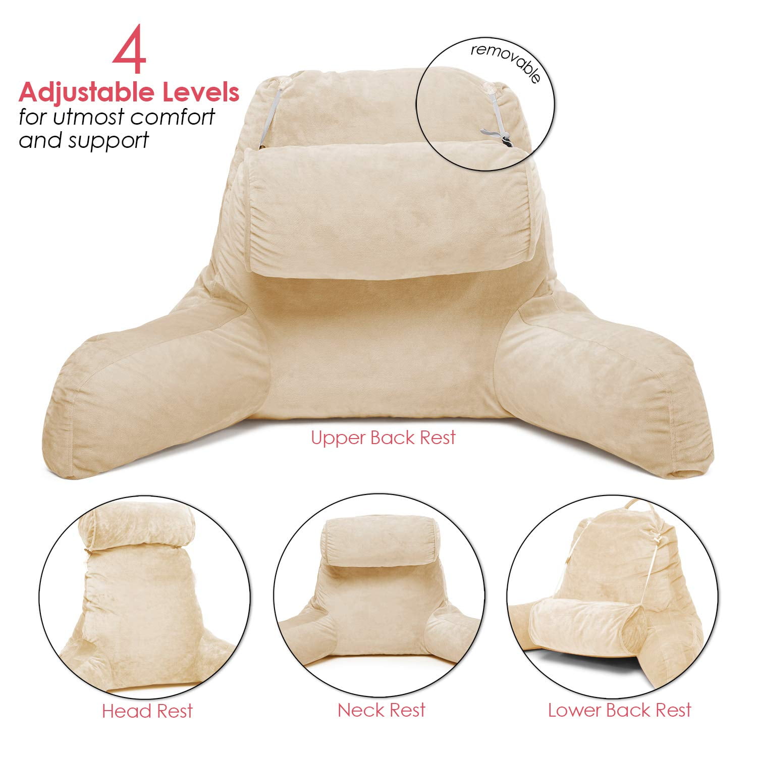 Clara Clark Reading Pillow Adult, Back Pillow for Sitting in Bed - Shredded Memory Foam Reading & Bed Rest Pillow with Arms and Pockets - Bed Pillows