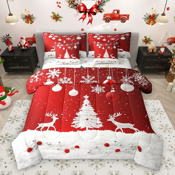 Homewish Wild Christmas Reindeer 7-Piece Twin Bedding Sets,Chic Xmas Tree Bedding Comforter Set,Red White Sheet Sets For Girsl Boys,Ultra Soft Home Decor Reversible