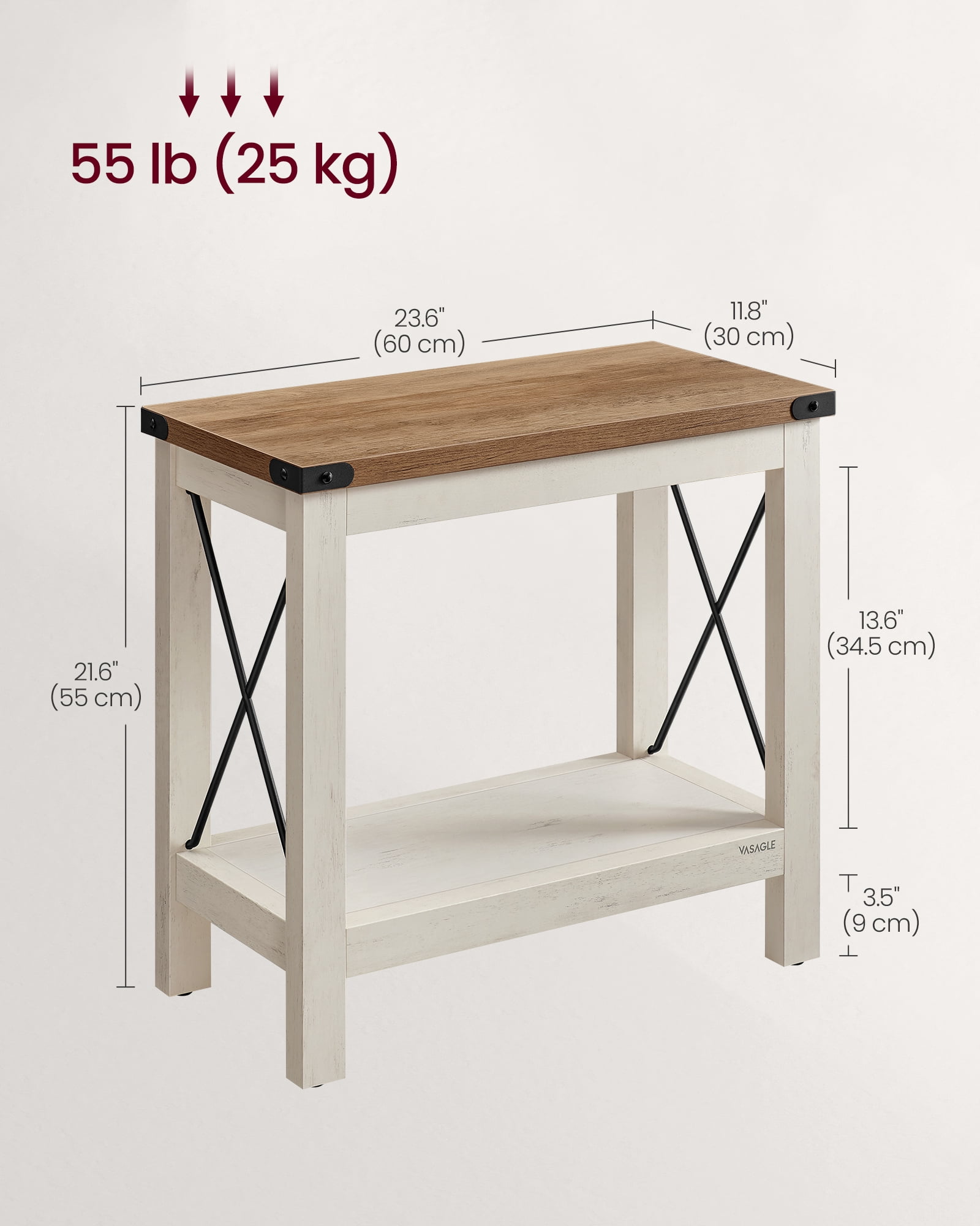 2-Tier End Table with Lower Shelf, Small Accent Table Nightstand, Rustic Farmhouse Design, Sturdy Wooden Construction – Honey Brown & White