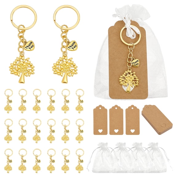24 Sets Tree of Life Keychain Favors Wedding Favors Organza Gift Bags with Blank Tags Baptism Favors Small Mesh Bags