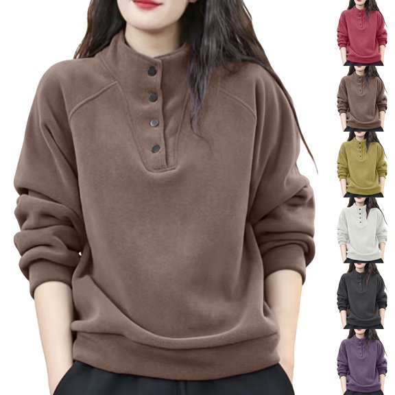 Pumxq Women's Oversized Fleece Pullover Tops Mock Stand Henley Collar Quarter Button Raglan Long Sleeve Sweatshirts Thermal Warm Ribbed Hem Fall Lounge Casual Outfits Black M