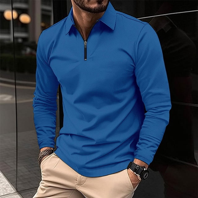 Blusa y camisa de manga larga con cuello vuelto para hombre, informal, de color liso, de manga larga, con cremallera y solapa a rayas, blusa de manga larga con cuello vuelto, blusa de poliéster para h