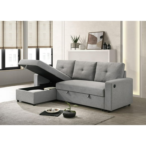 K-Living Ceillo Sofa Bed in Grey Fabric with Built-In USB/C Port and Storage