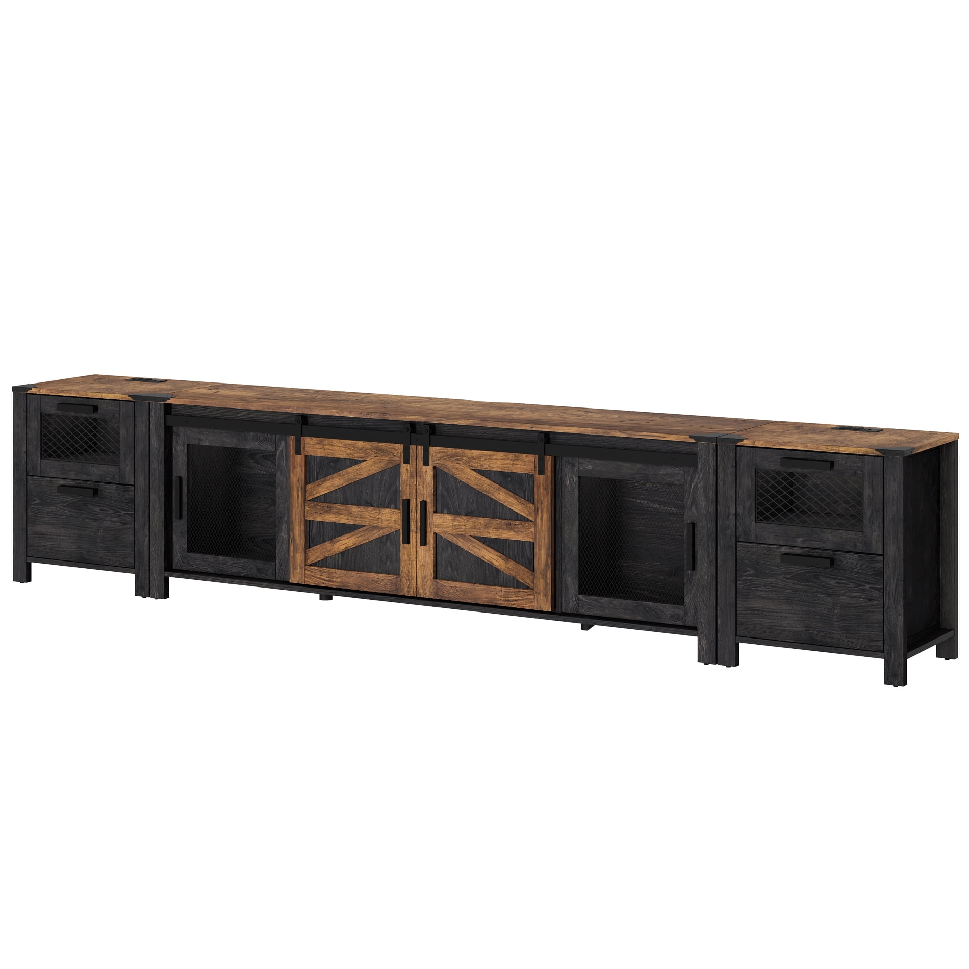 Wampat Farmhouse TV Stand for TVs up to 85 Inches with Charging Station, Drawers, Sliding Barn Door, Storage Shelf, Dark Walnut and Black Finish