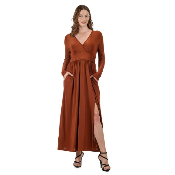 24seven Comfort Apparel Womens Long Sleeve V Neck Side Slit Maxi Dress-R0066299-TOBA-1X