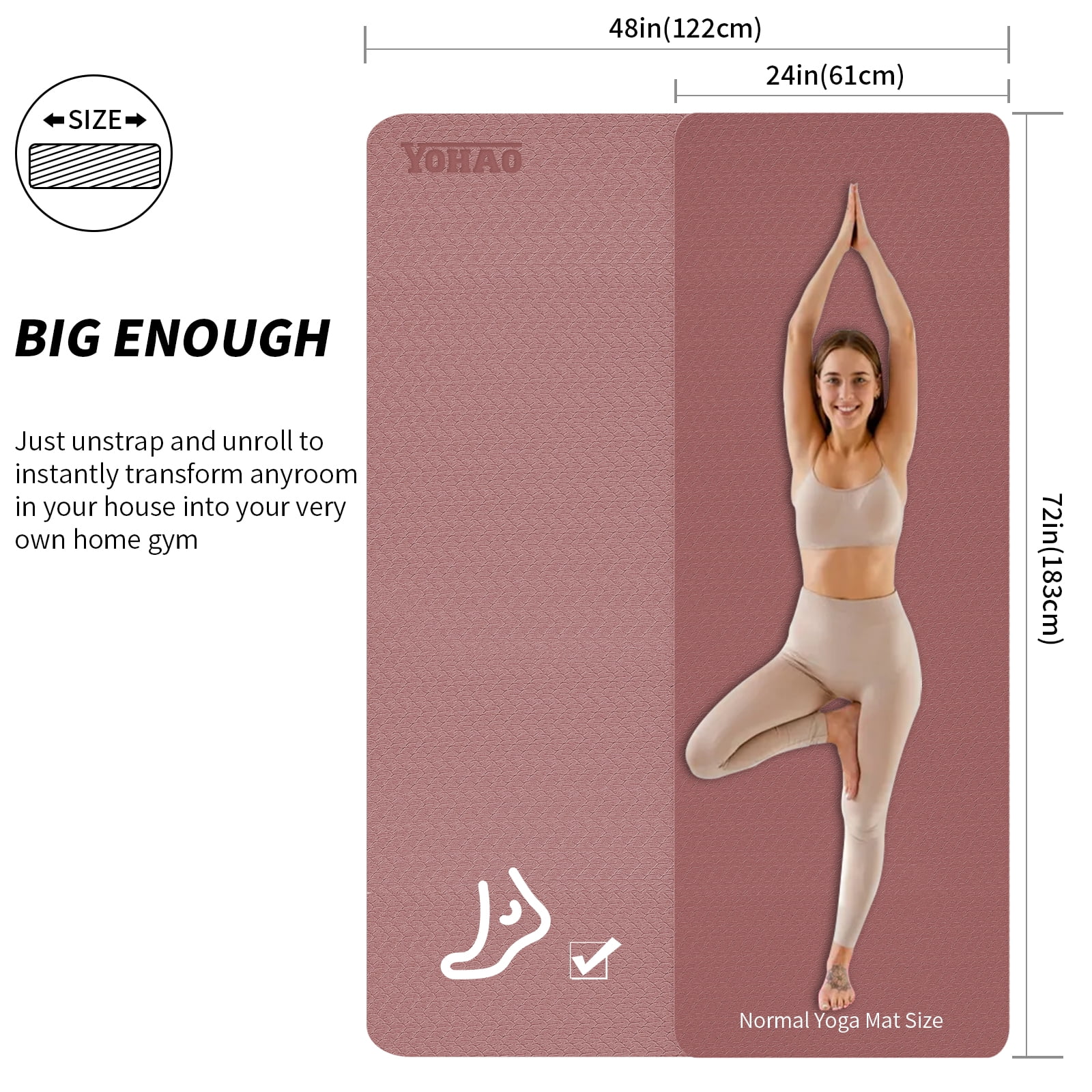 8mm Large Yoga Mat (6'x 4') with Soft Fabric - Extra Long and Wide 72 x 48 x 0.32 inches, Non-Slip Surface, Eco-Friendly, Lightweight, Thick Wide Yoga Mat for Home Workouts.(Deep Pink+Gray)
