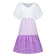 thumbnail image 5 of CHOK Robe Mini Décontractée pour Femme Grande Taille Été Ample Mode Patchwork Col en V à Rayures à Pois Manches Courtes Volant Ourlet à Étages en Lin Robe de Plage Soleil en Liquidation, 5 of 5