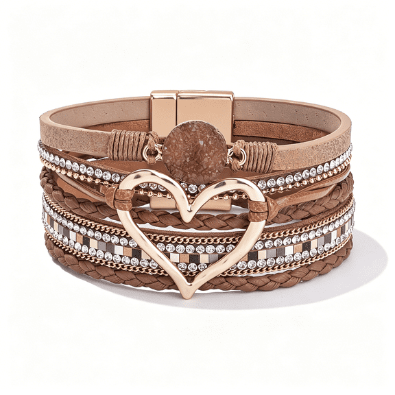 DESIGNICE Heart Leather Wrap Bracelets Stackable Boho Cuff Bangles Trendy Resin Stone Rhinestone Bracelets with Magnetic Clasp for Women