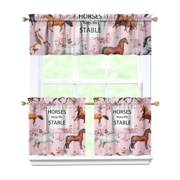 Kitchen Curtains 24 Inch Short - 3 Panel Set, Cute Horse Pony Print, Rod Pocket Window Curtain, 100% Polyester for Farmhouse, Retro Rural Kitchen, Easy Wash