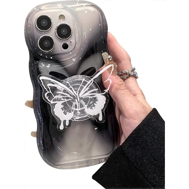 Butterfly Phone Case for iPhone 15, Cute Korea Clear Black Gradient 3D Butterfly Phone Cover with Butterfly Hold Stand for Women Girls