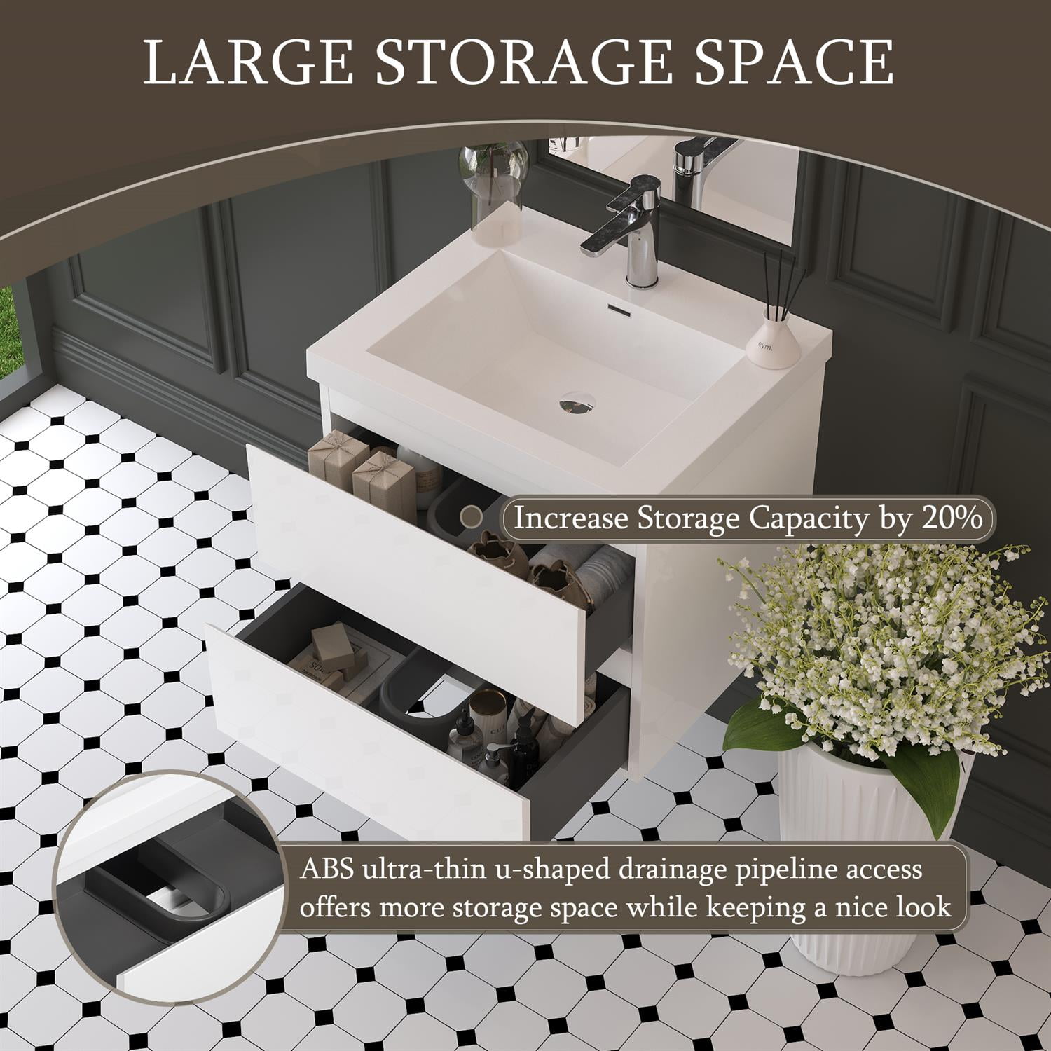 Demi Bonn 24" Floating Bathroom Vanity with Sink, Resin Top Basin and 2 Soft Close Drawers, Faucets and Drains Not Included, White