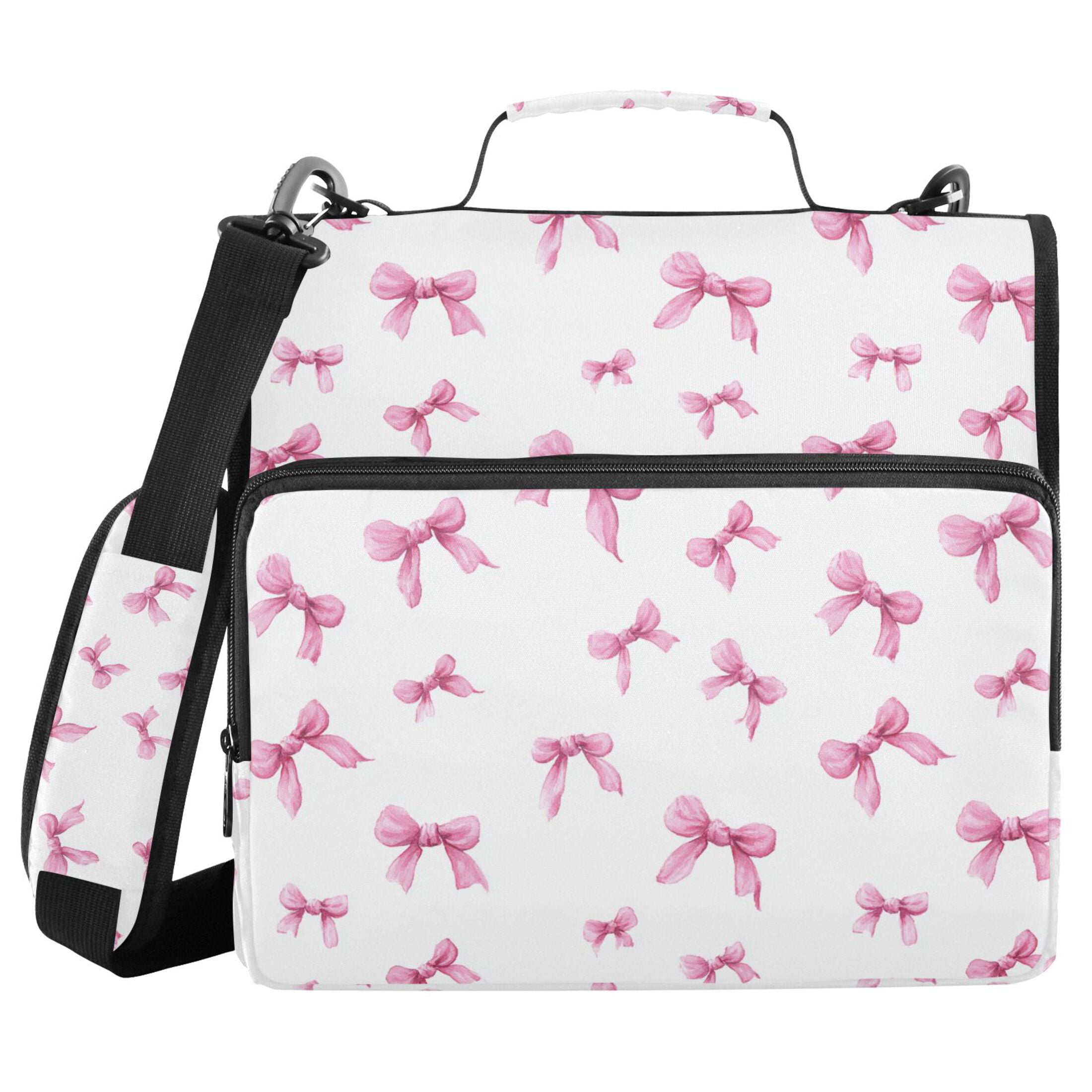 Zipper Binder Pink Bow 1.5 Inch Binder Folder Bag with Shoulder Strap and Handle