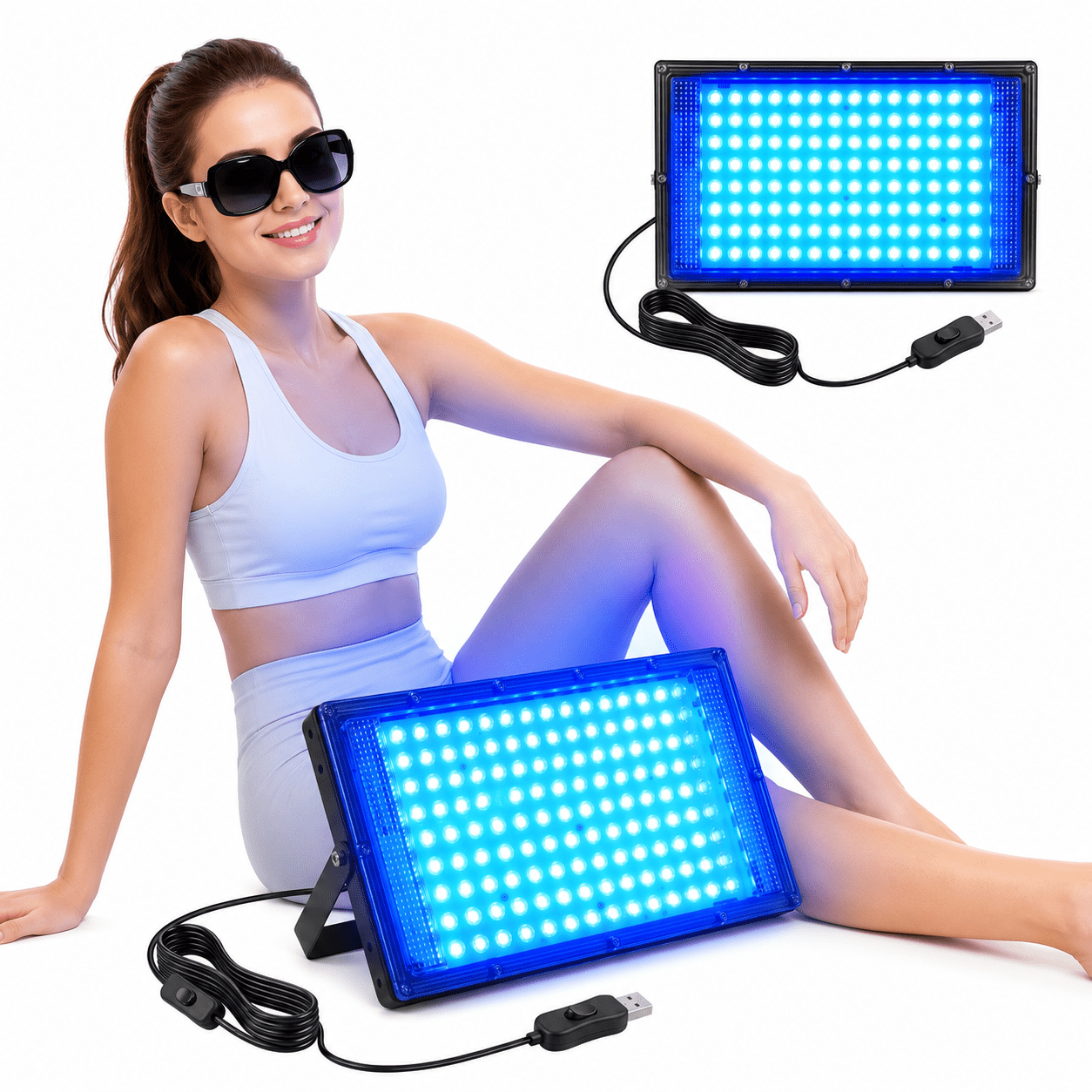 Portable Hanging Tanning Lamp for Face and Body, 460nm Blue Light Indoor Tanning Light, USB Powered Home Tanning Panel with Inline Switch, Wall Mount and Floor Use