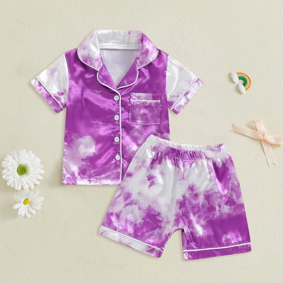 PEASKJP Boys Satin Pajamas Girls' Short Sleeve Top and Shorts,2 Piece Pajama Set (Purple,4-5 Years)
