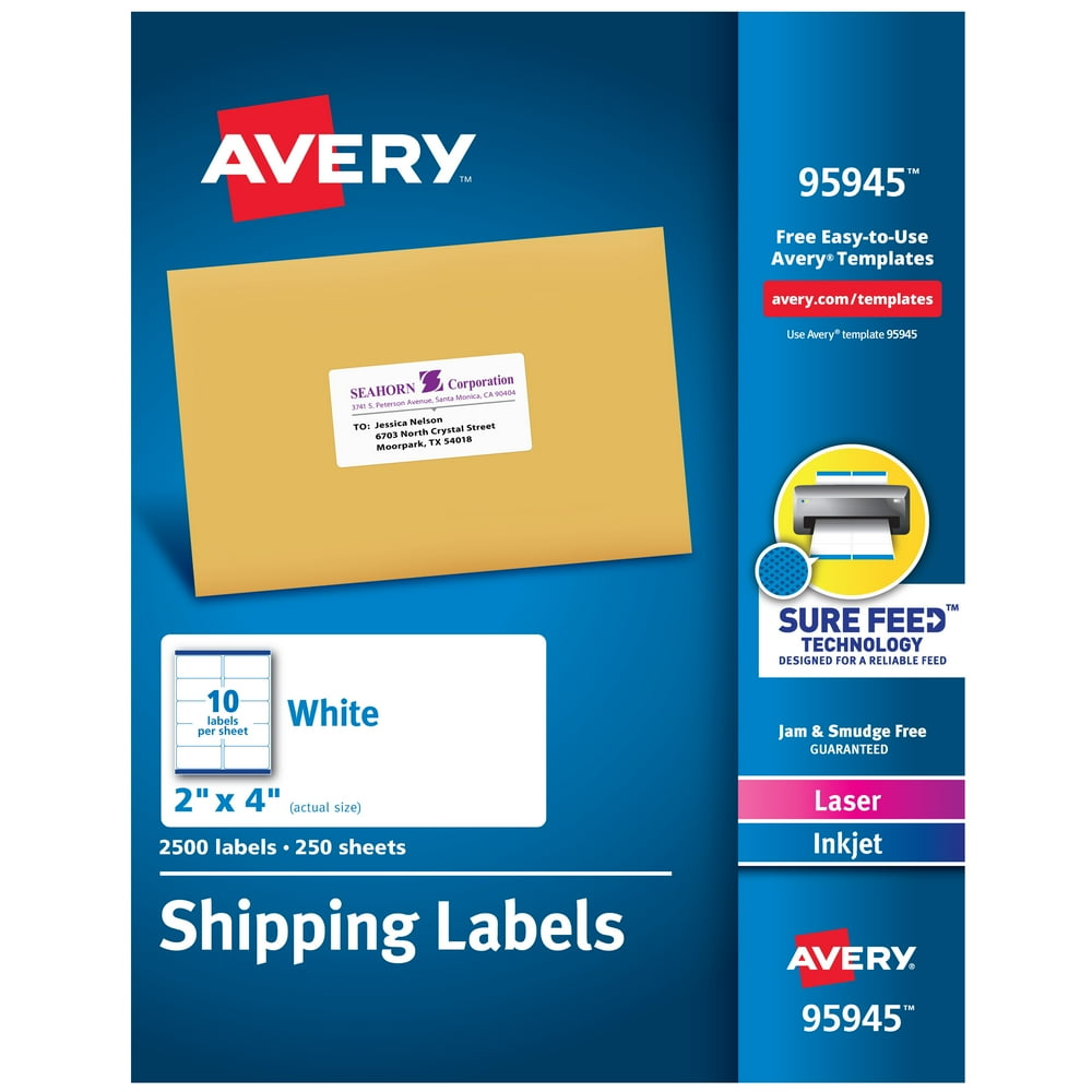 Avery Shipping Labels, Sure Feed, 2"x4", 2500 Glossy Labels (95945