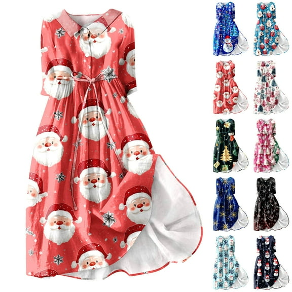 Christmas Dresses for Women Ladies Fashion Christmas Print Lapel Button-Down Seven-Quarter Cuff Strap-Up Dress for Christmas Party,Black,L