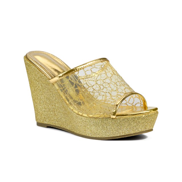 BLISSFUL STEP Sandales pour Femmes à Plateforme Compensée à Paillettes Sandales à Enfiler Or 8,5