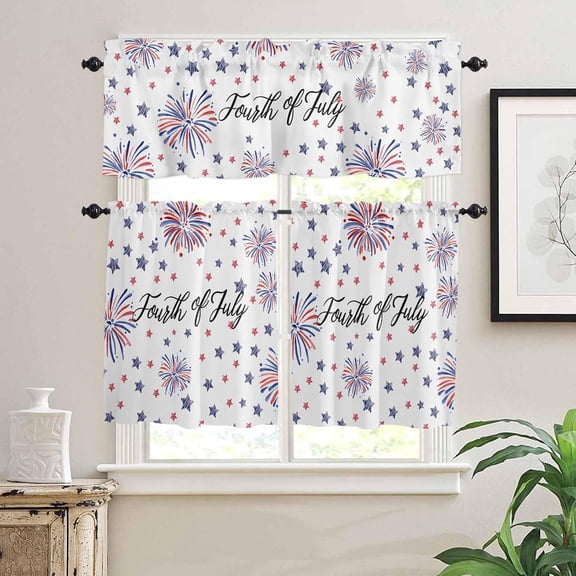 Kitchen Curtains Set, 4th of July Kitchen Curtains and Valances Set, Fireworks Blue Red Star Independence Day Rod Pocket Tier Curtains 24 Inch Length for Cafe/Bedroom Windows