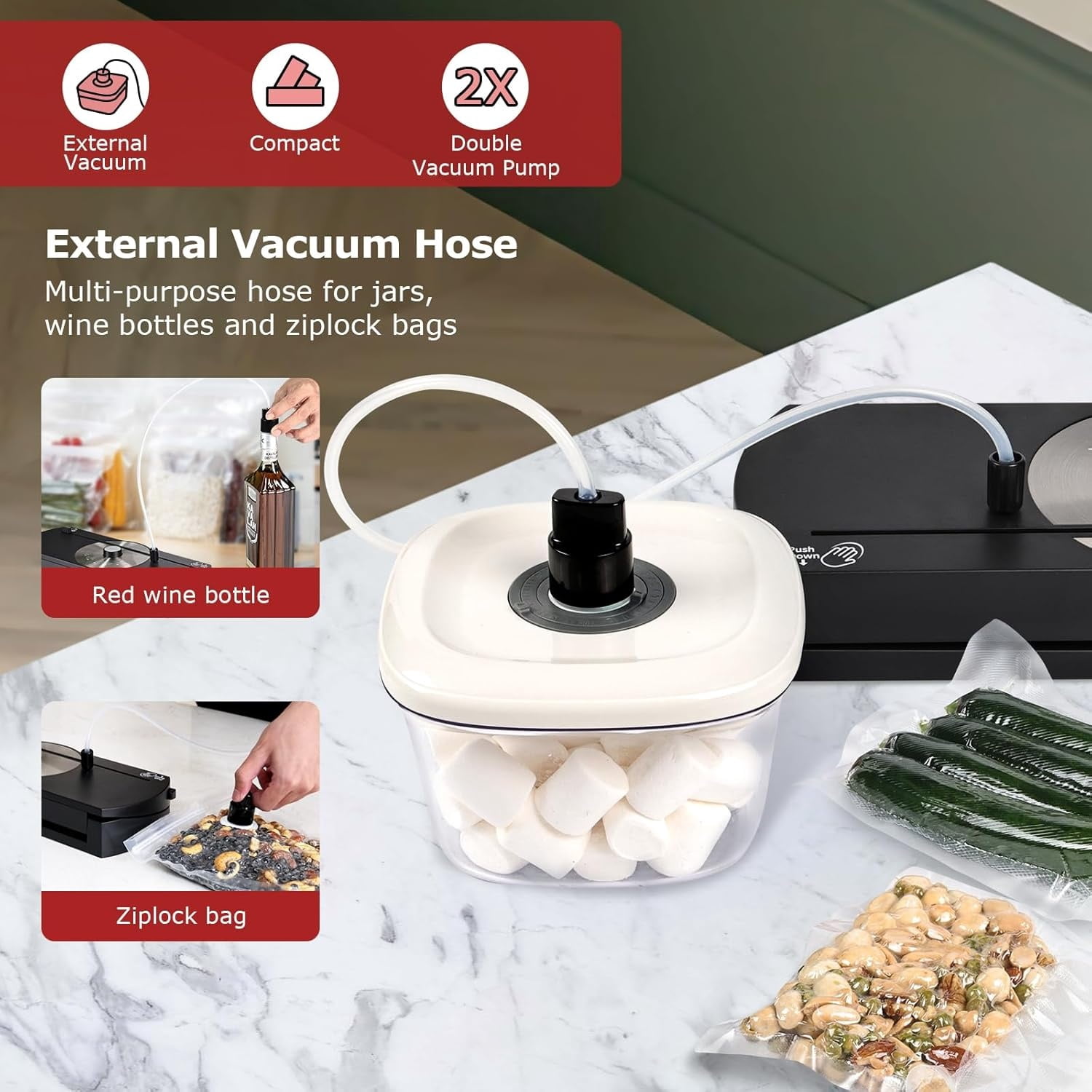 Vacuum Sealer Machine for Food, 65KPA Powerful Compact Vacuum Air Food Sealer with Built-In Cutter & Starter Kit, One-Touch Operation, Moist/Dry/Pulse/Canister All Food Modes LED Indicator