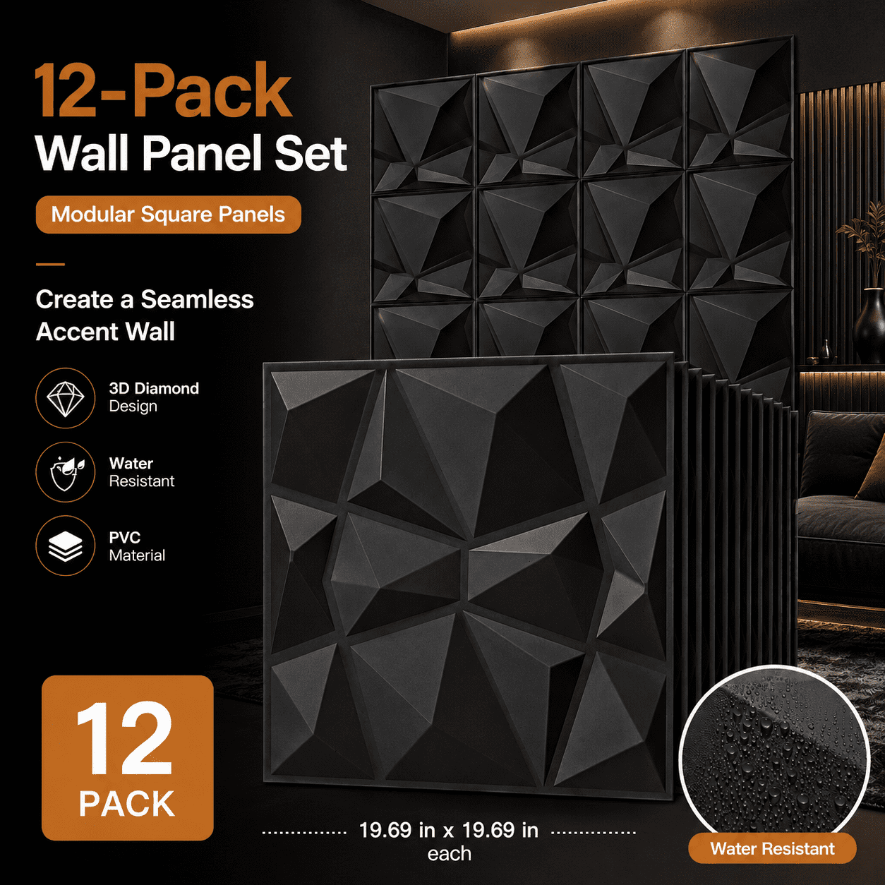 Yeslife 12-Pack 19.69"x19.69" Black PVC 3D Embossed Wall Panels, Geometric Accent Wall Covering for Living Room Office TV Wall, 32.2 Sq Ft