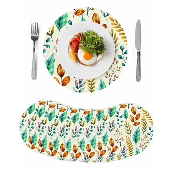 Spring Botanical Round 13 Inch Placemats Set of 8, Watercolor Leaves Floral Rustic Cream HeatResistant Non Slip Place Mats for Dining Table, Wipeable Braided Kitchen Table Mats for Housewarming