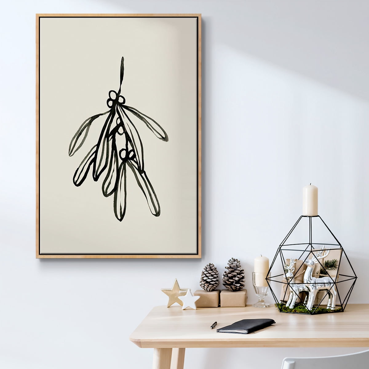 Mistletoe Sketch II - Framed Gallery Wrapped Holiday Canvas - 17 x 25 - Natural Wood Frame