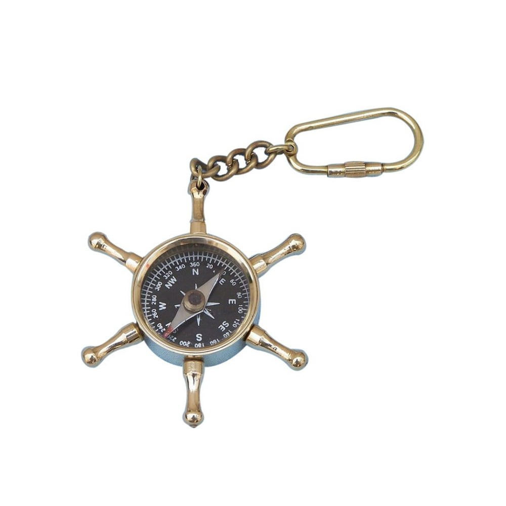 Hampton Nautical Brass Ship's Wheel Compass Key Chain Decorative